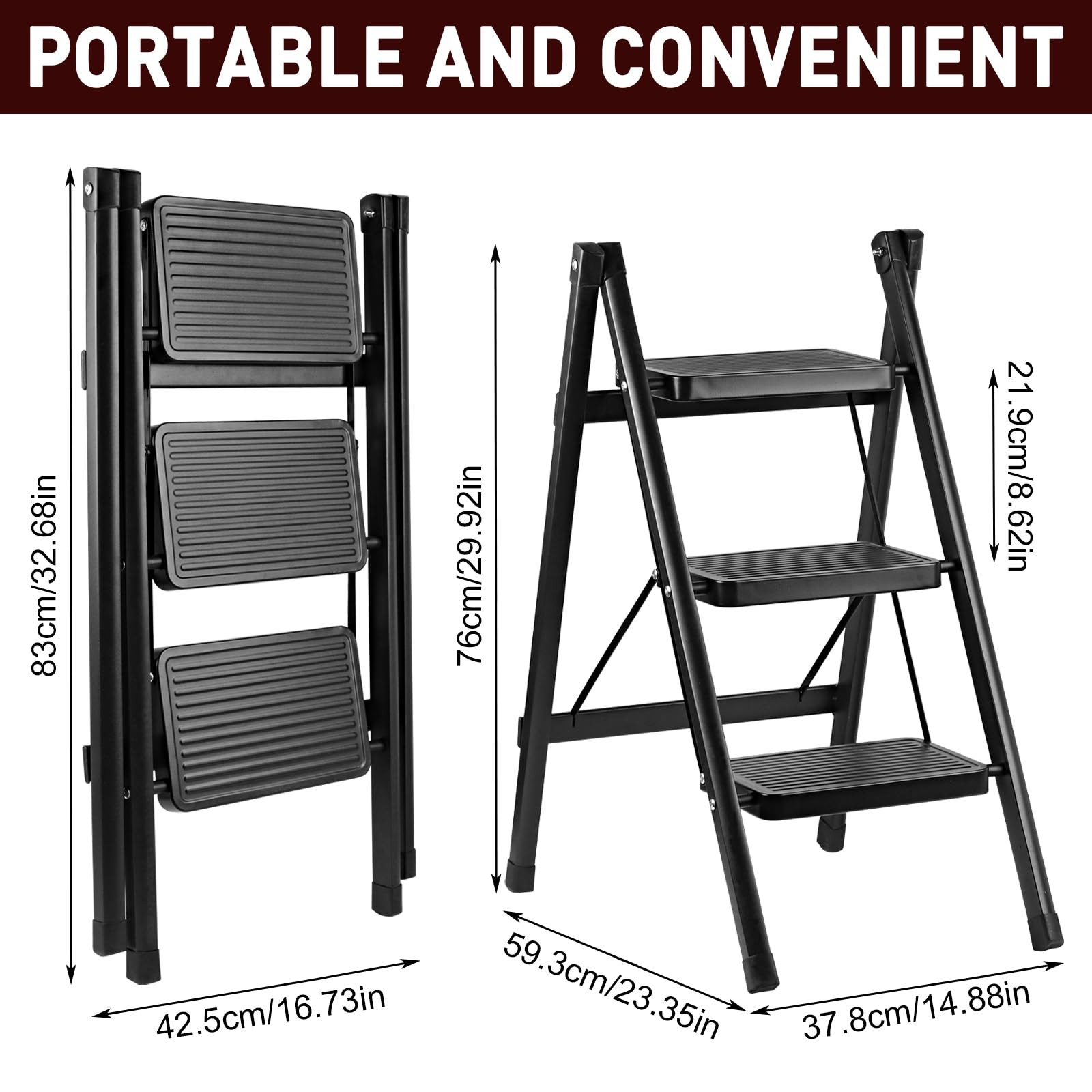 3-Step Ladder, Folding Step Stool for Kitchen/Closet/Garage, 3-Step, Black