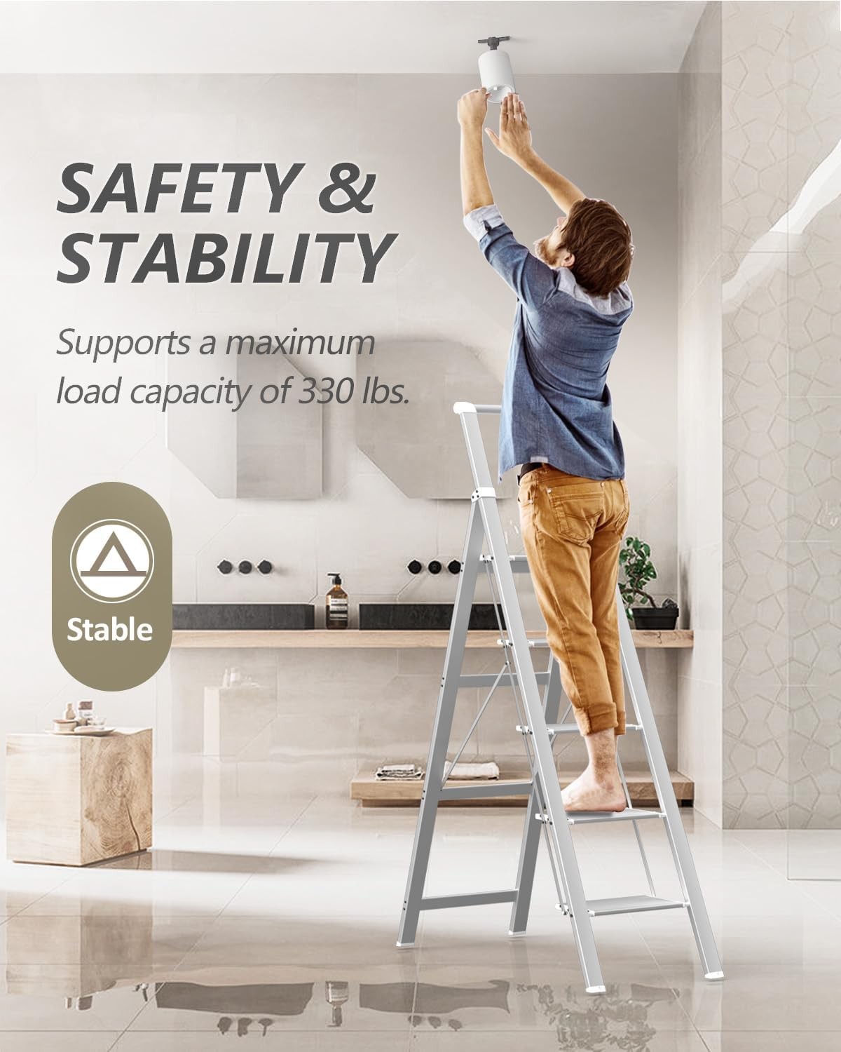 5 Step Ladder, Folding Stool, White Foldable Ladder for 10 5 Step,