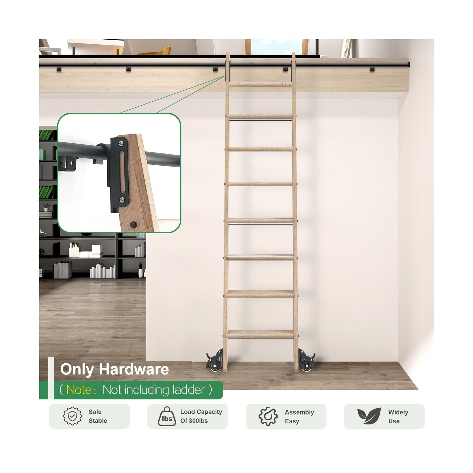 12FT Telescopic Hook on Sliding Library Ladder Hardware,Includes Bottom Wheel…