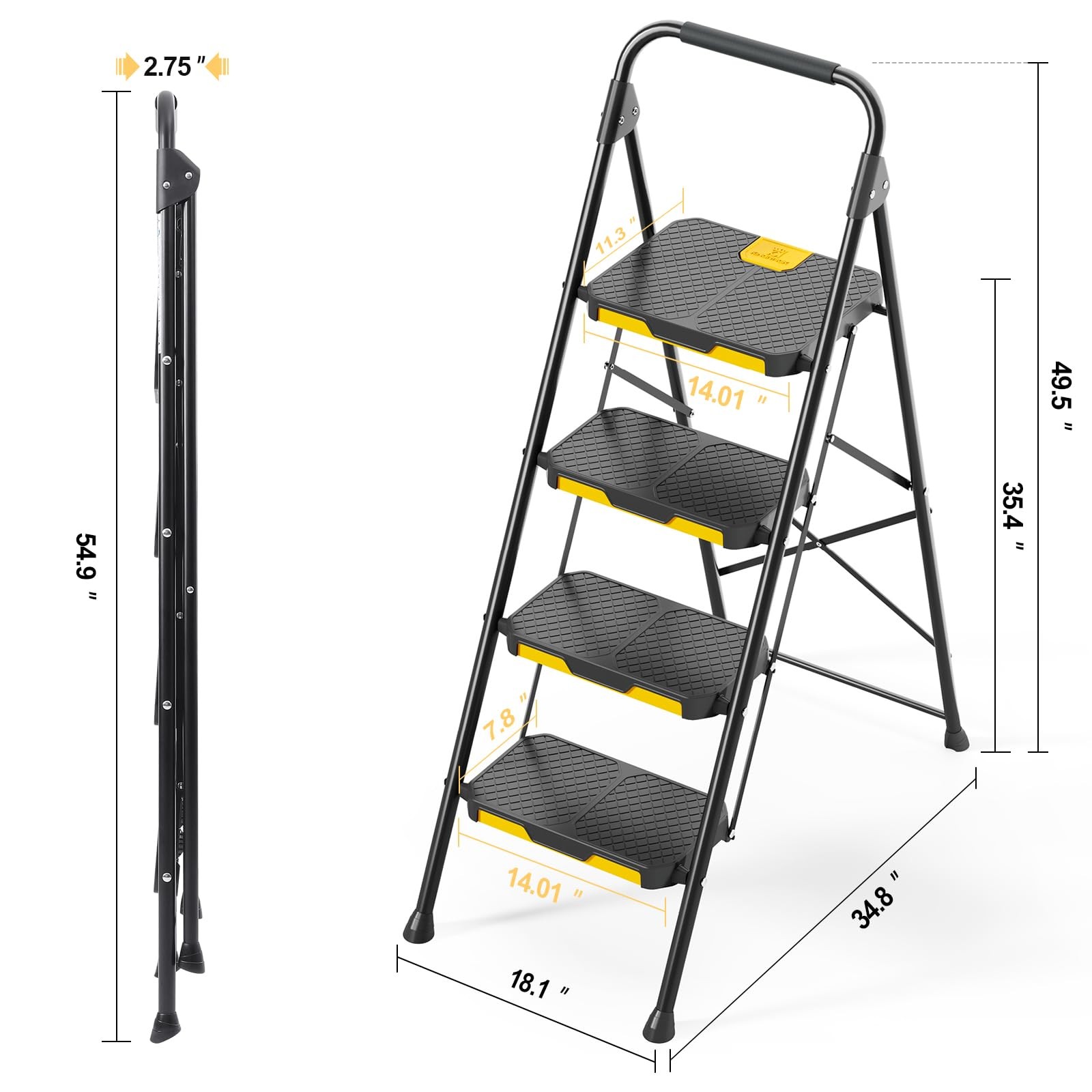 KINGRACK 4 Step Ladder, Sturdy Steel Stool 4 Black&yellow