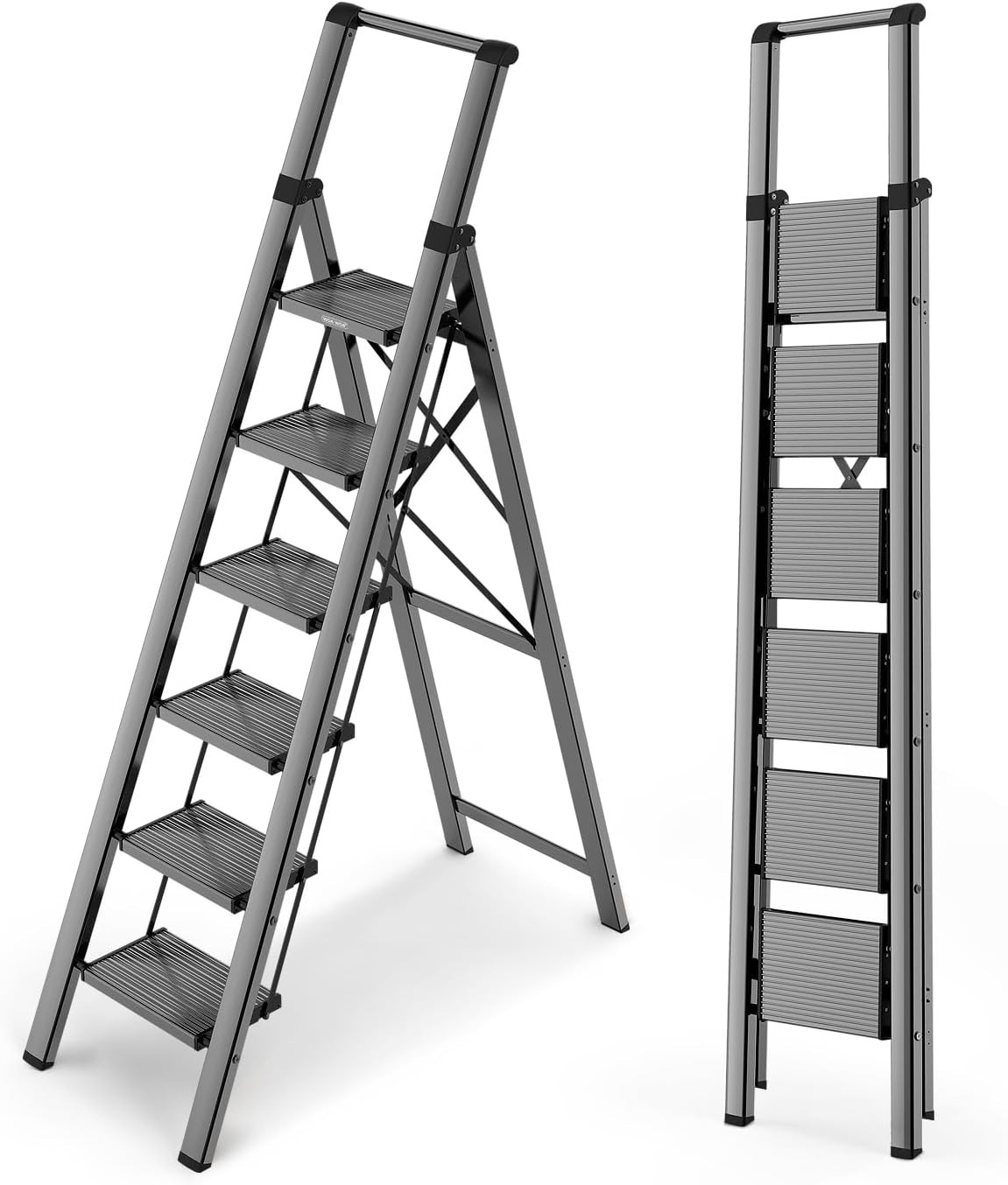 WOA 6 Step Ladder for 12 Feet High Ceiling, Lightweight 6 step, Black