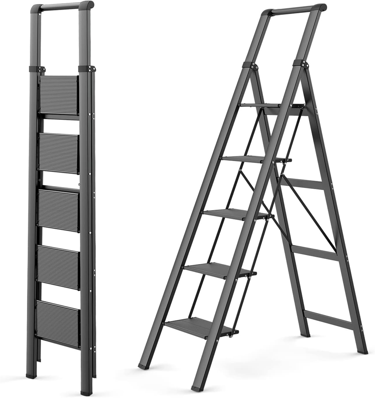 WOA 5 Step Ladder, Ladders for Home, Anti-Slip Pedals, 5 Step, Black