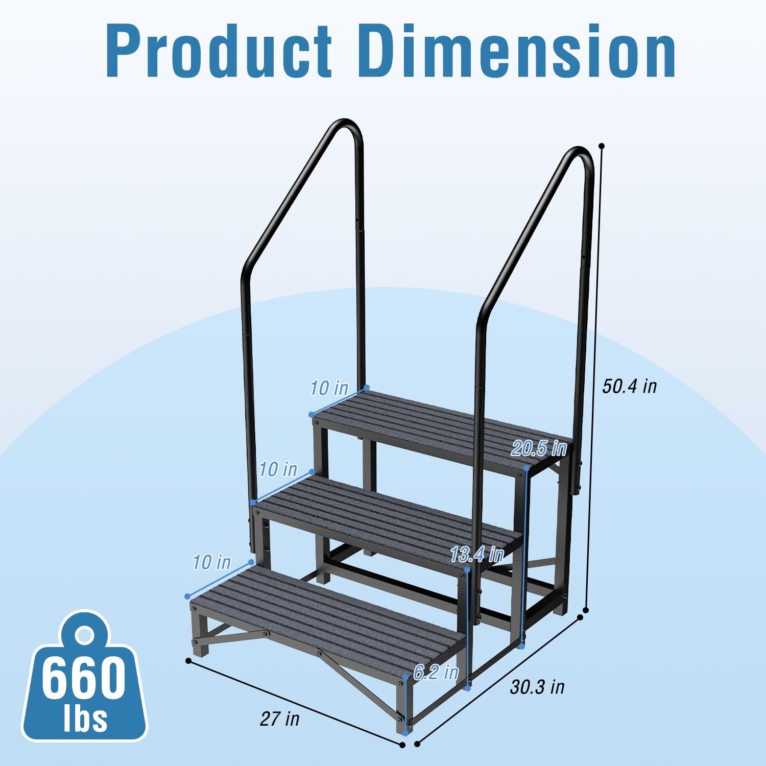 RV Steps with Handrail 3 Steps for Camper Trailer Mobile Home 660lbs Capacity