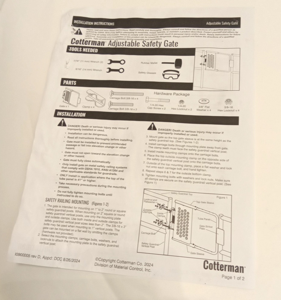 Cotterman SG1626ZC1P1S Single-Door Steel Gate 21-3/4″ Adj. for 16″-26″ Opening