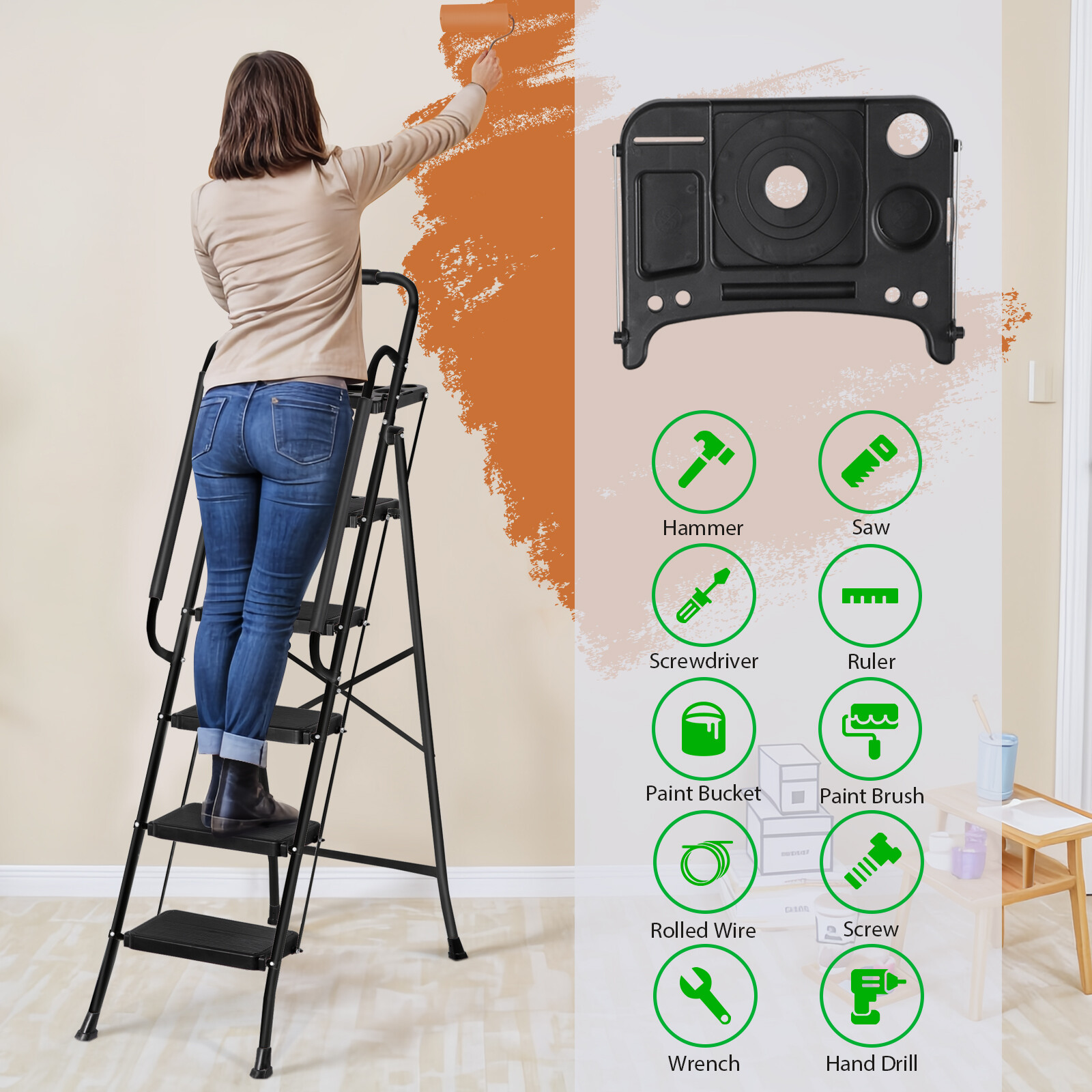 5-Step Ladder Portable Folding Anti-Slip Steel Ladder w/Handrail Tool Tray Black