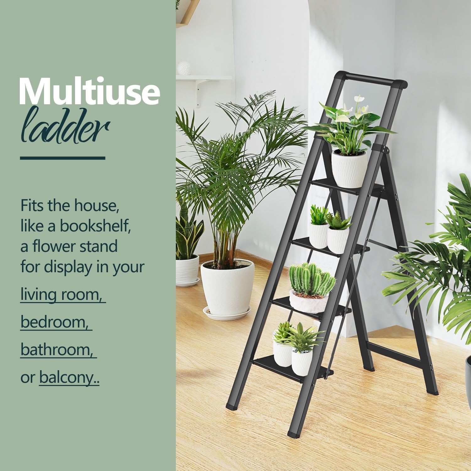 WOA 4 Step Ladder, Ladders for Home, Anti-Slip Aluminum 4 Step, Black