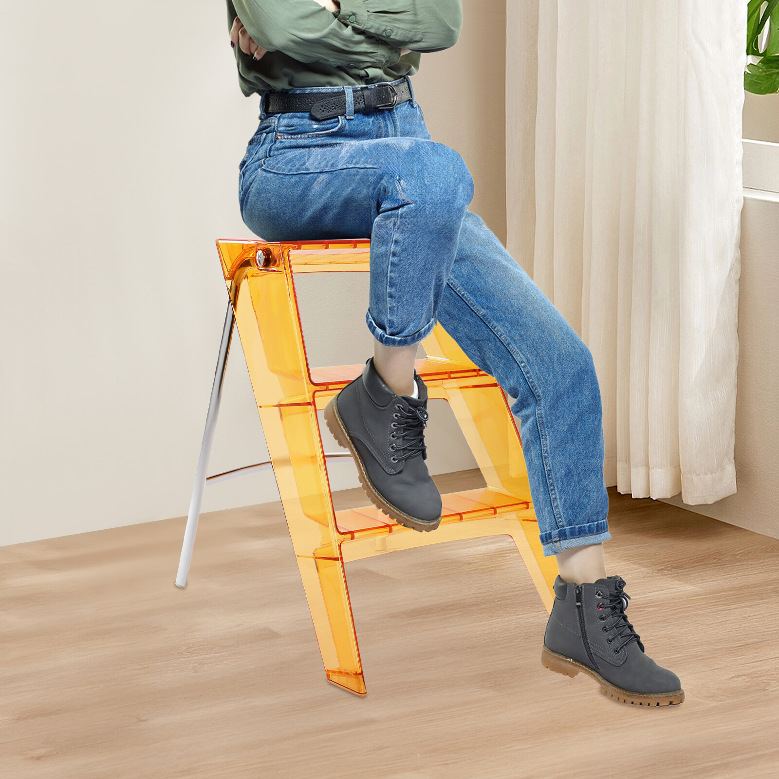 3-Step Folding Step Stool 100 kg Capacity PC & Iron Orange