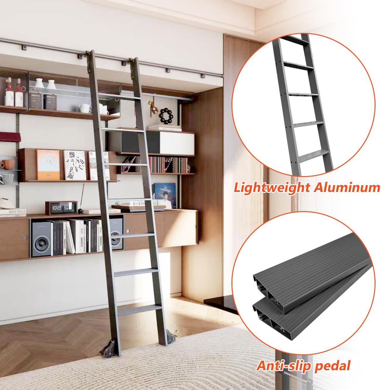 96″ Rolling Library Ladder with 4FT Rail, 300 Lbs Capacity, Space-Saving Design