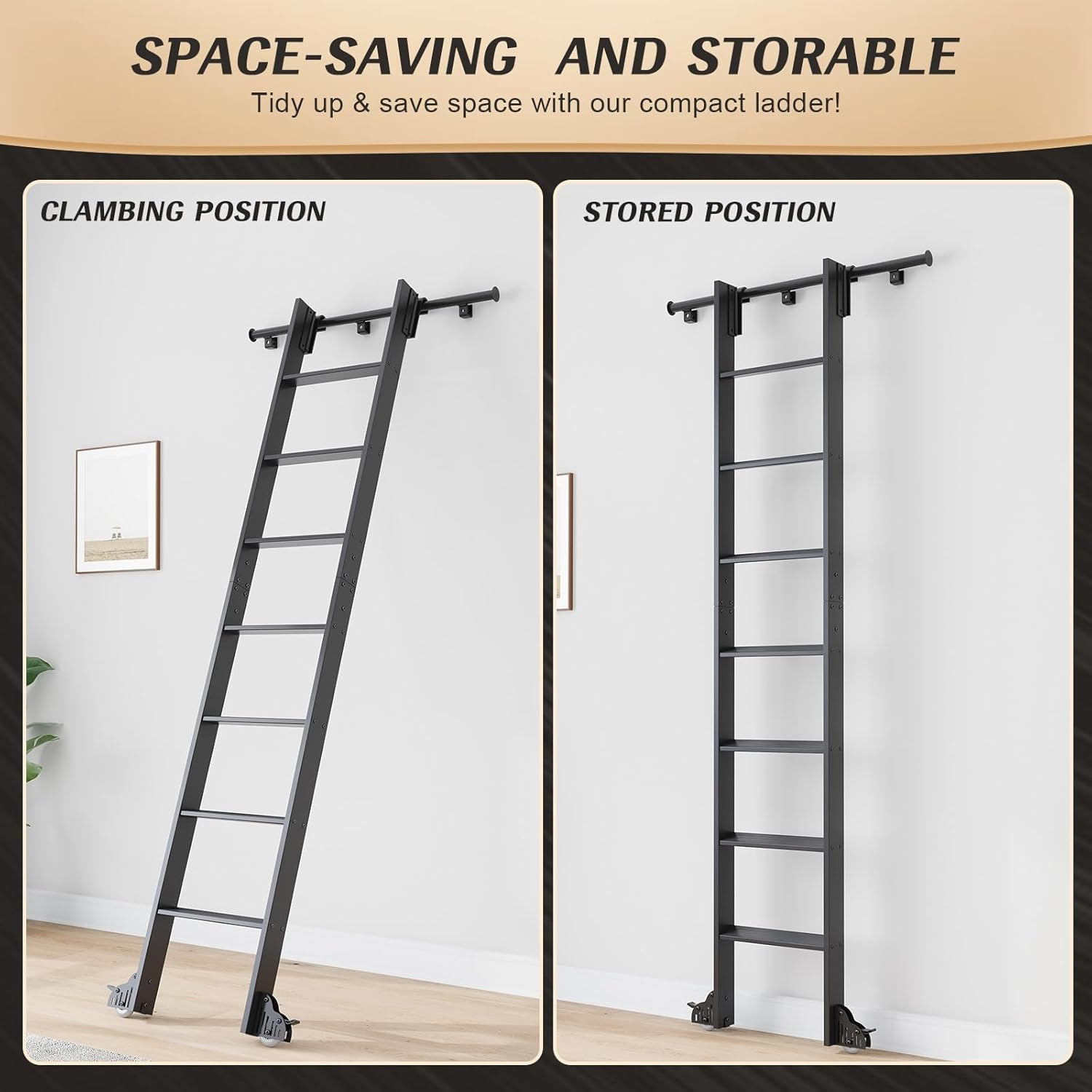 Aluminum 96″ Rolling Library Step Ladder & 8FT Sliding Track Kit