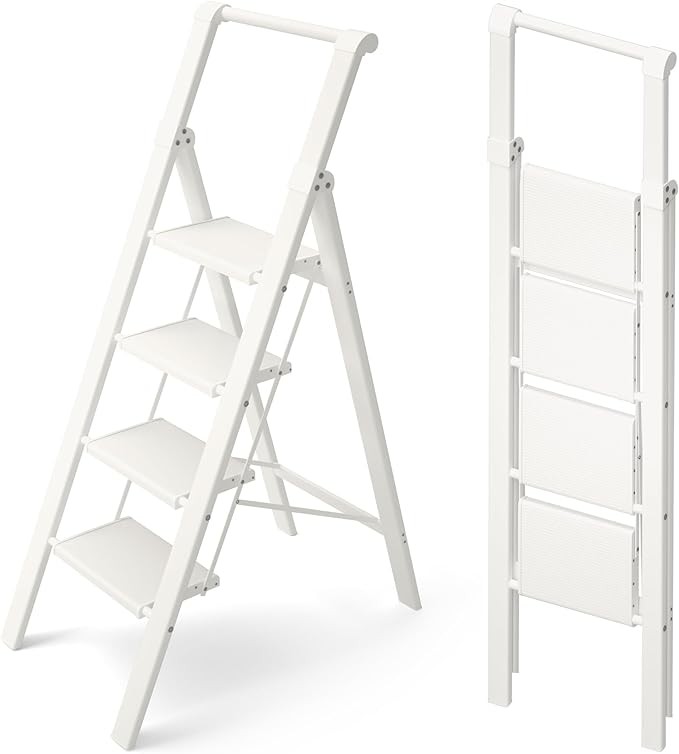 Aluminum 4 Step Folding Ladder with Handgrip White 330 lb Capacity