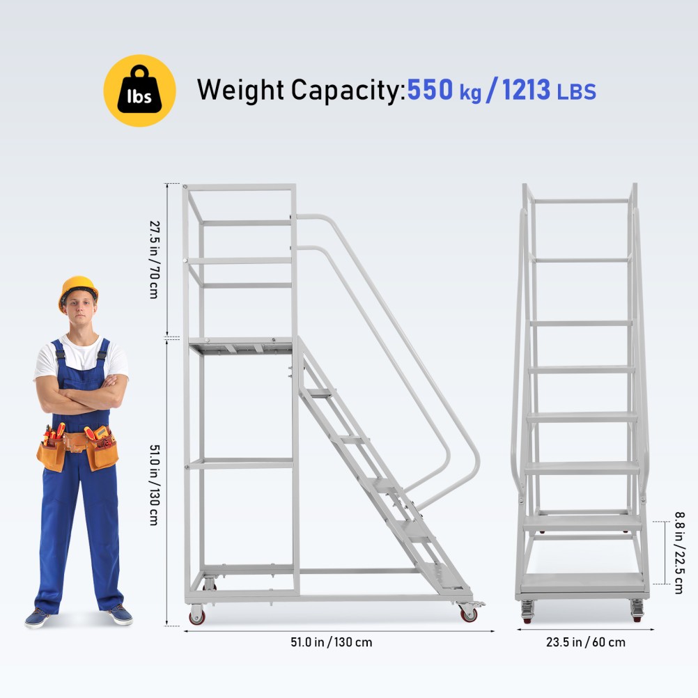 Rolling Ladder 6-Step Warehouse Ladder w. Lockable Wheels Platform Height 27.5″