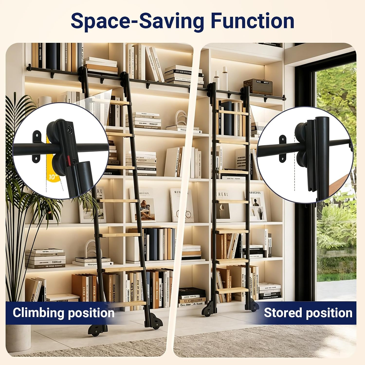 100″ Sliding Library Ladder with 8FT Track – Solid Oak & Aluminum Frame
