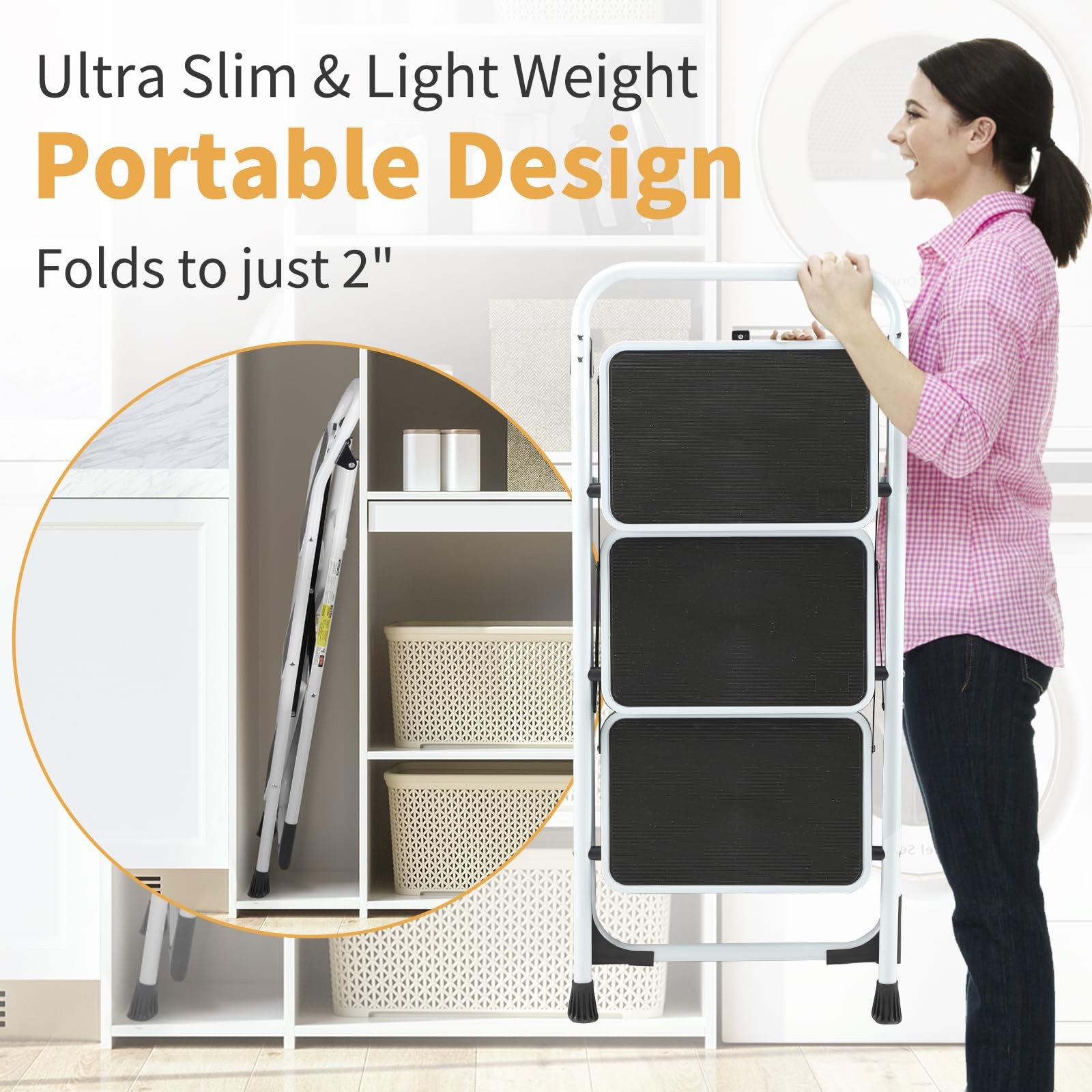 Winado 3 Step Ladder, Folding Stool with Wide Anti-Slip Black & White
