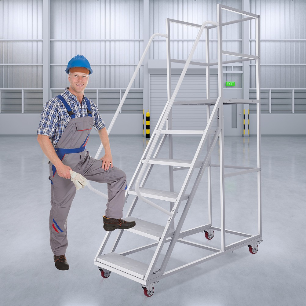 6 Step Rolling Ladder Industrial Warehouse Mobile Stairs with Wheels Max 1213lbs