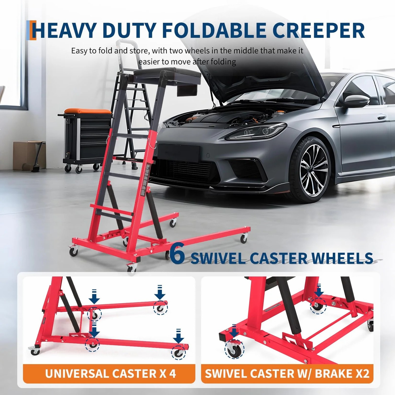 Top Automotive Creeper 49.21-68.89″ Adjustable Height 400LBS Foldable For Garage