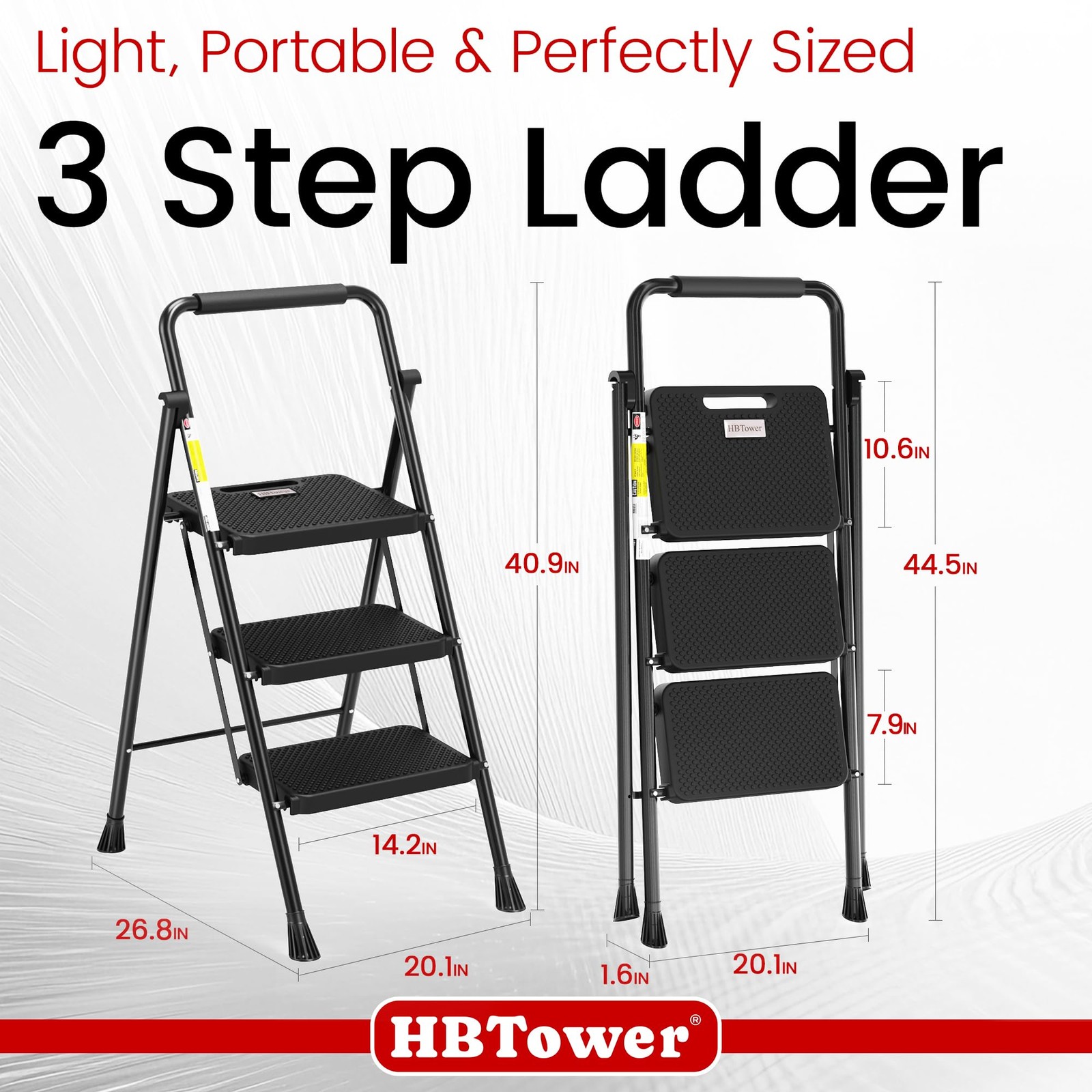HBTower Step Ladder, Folding Stool with Wide 3 Black