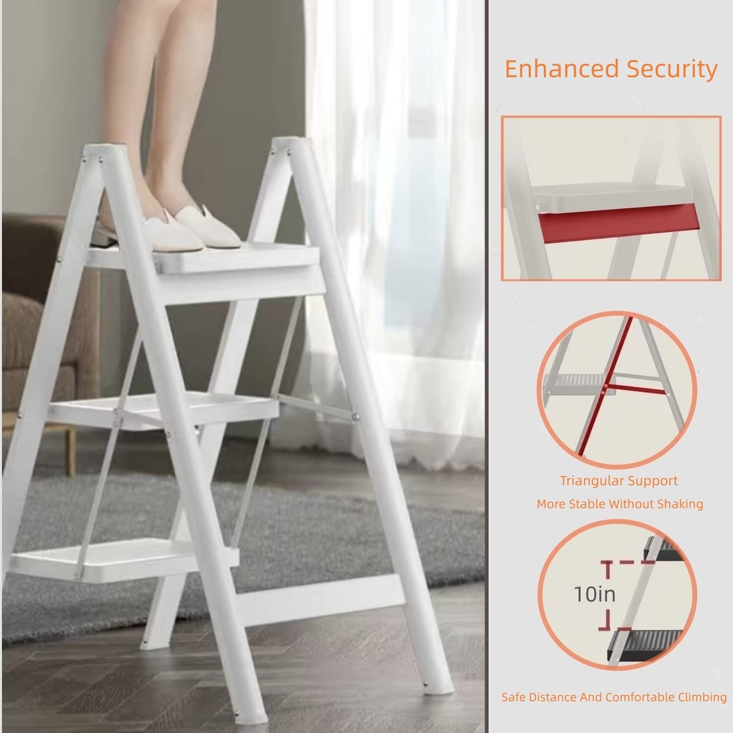 3 Step Ladder,Folding Stool with Wide Anti-Slip Pedal,330lbs Load White