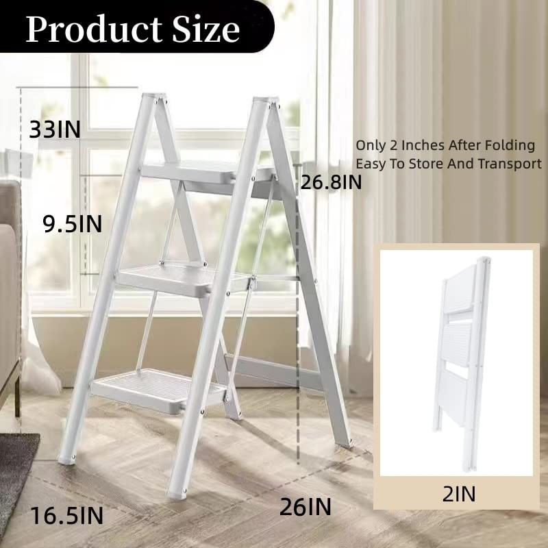 3 Step Ladder,Folding Stool with Wide Anti-Slip Pedal,330lbs Load White