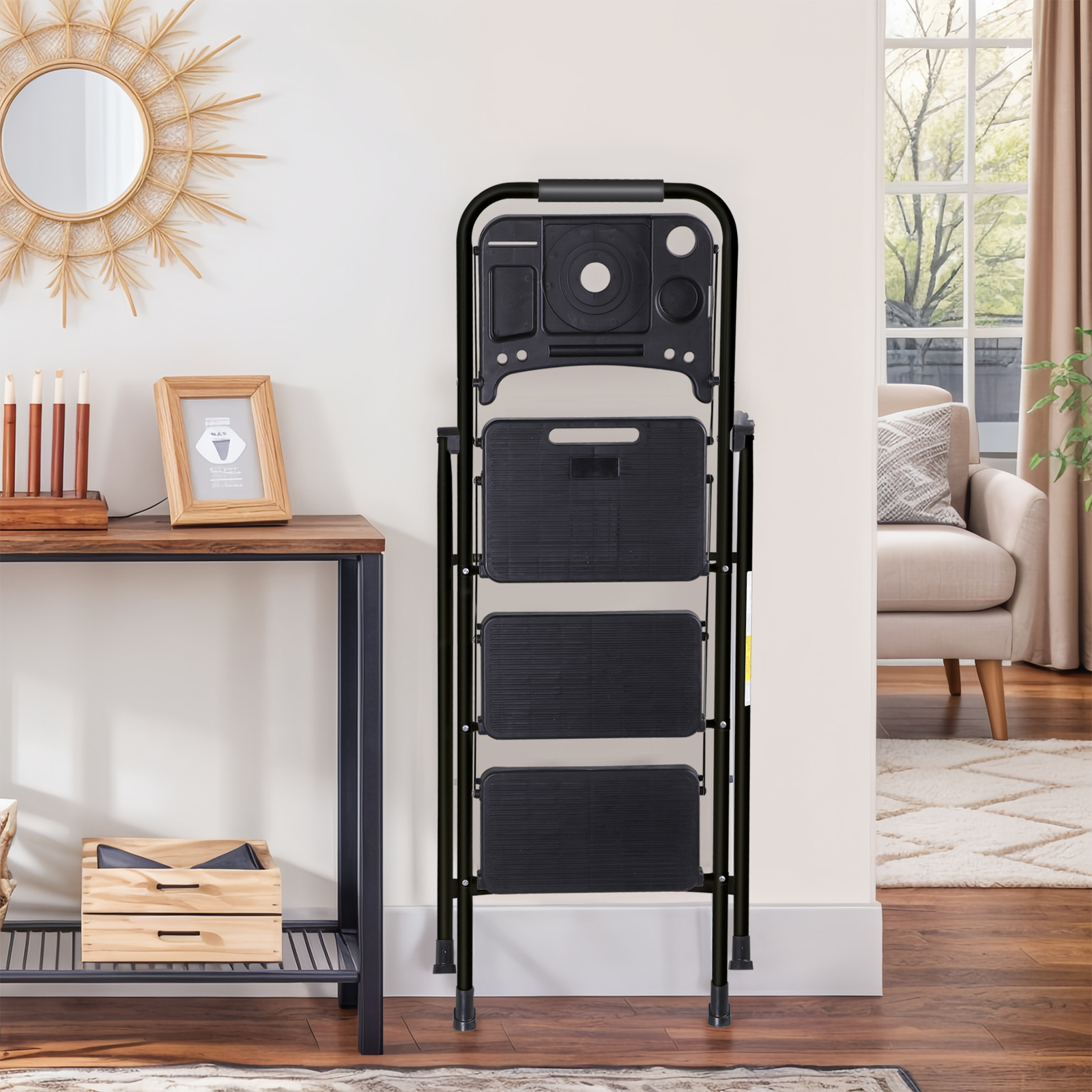 3-Step Ladder Folding Step Stool 330lbs Max Load Capacity Steel Non-Slip Black