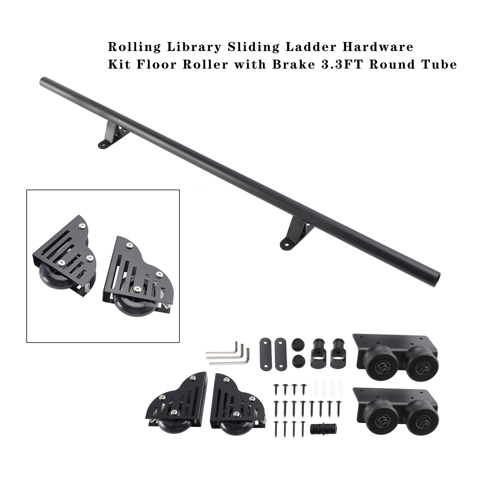 Rolling Library Sliding Ladder Hardware Kit with Brake 3.3FT Round Tube