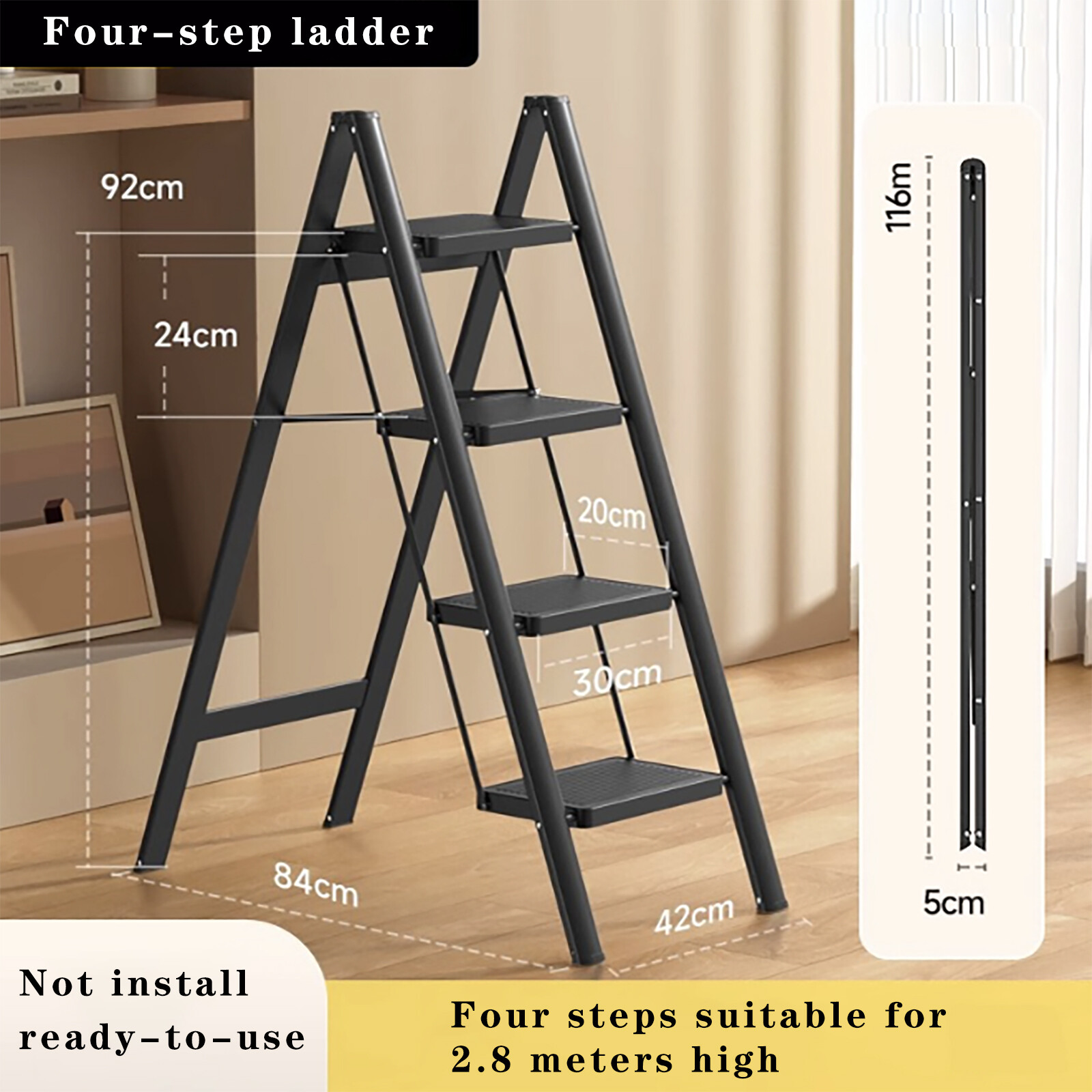Stepladder, 4 Tiers, Foldable, Aluminum, Wide, Lightweight, Compact, Ladder／
