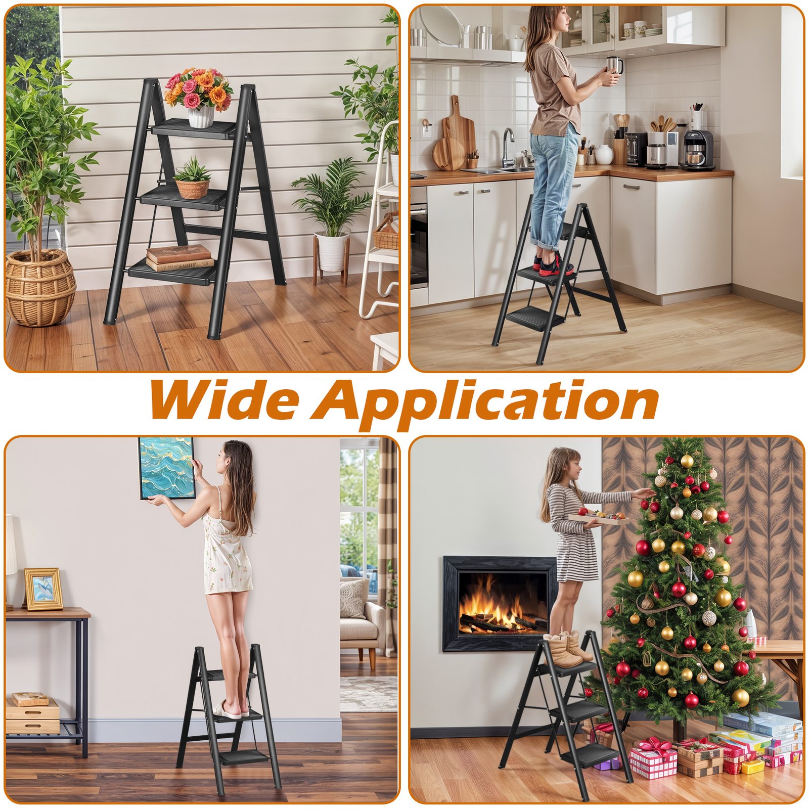 3 Step Ladder Handgrip Folding Step Stool Ladders Anti-Slip Wide Pedal Safety
