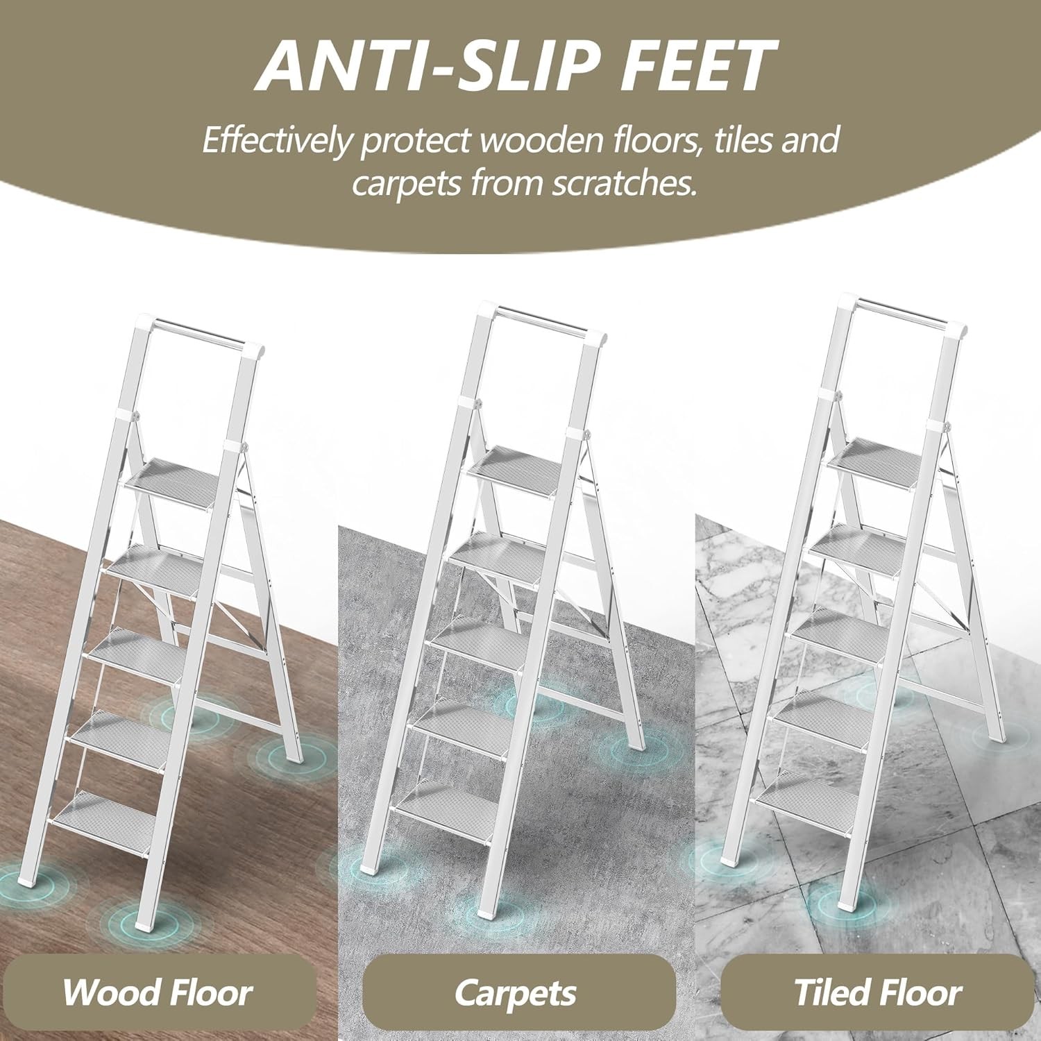 5 Step Ladder, Folding Stool, White Foldable Ladder for 10 5 Step,