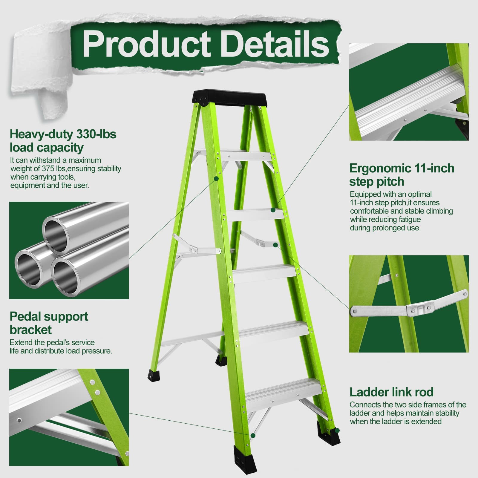 Green 7 Steps Fiberglass Ladder 330LBS Load Tool Tray for Home & Job