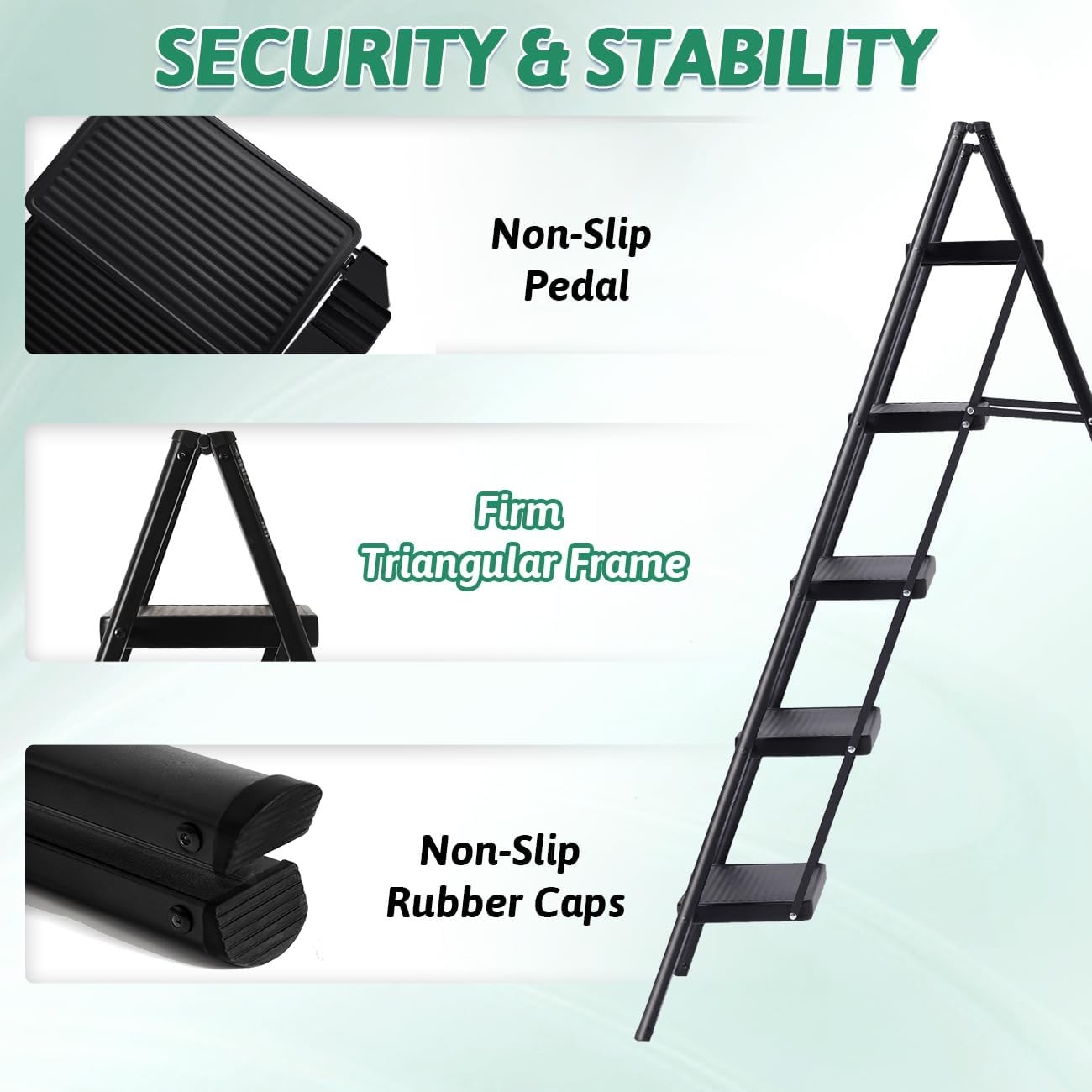 5 Step Folding Heavy Duty Ladder, 330 Lbs Load, 5 Black