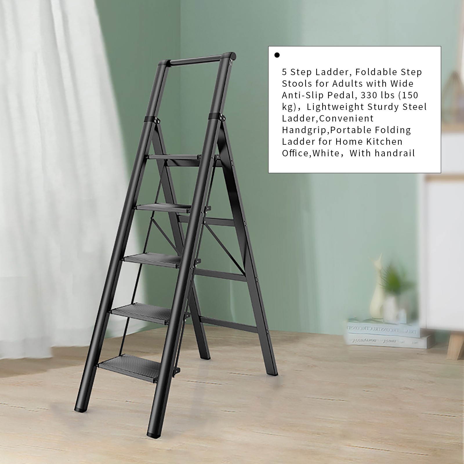 🪜5 Step Ladder, Foldable Step Stool, Aluminum Step Ladder with Anti-Slip Pedal