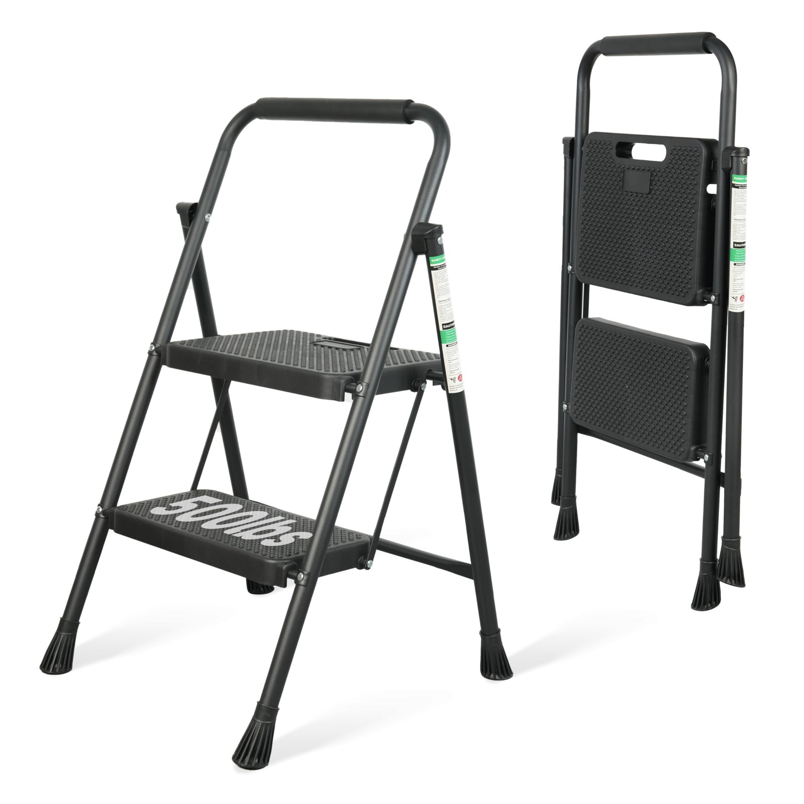 Step Ladder, Portable Steel Folding Stool with Wide 2-Step, Black