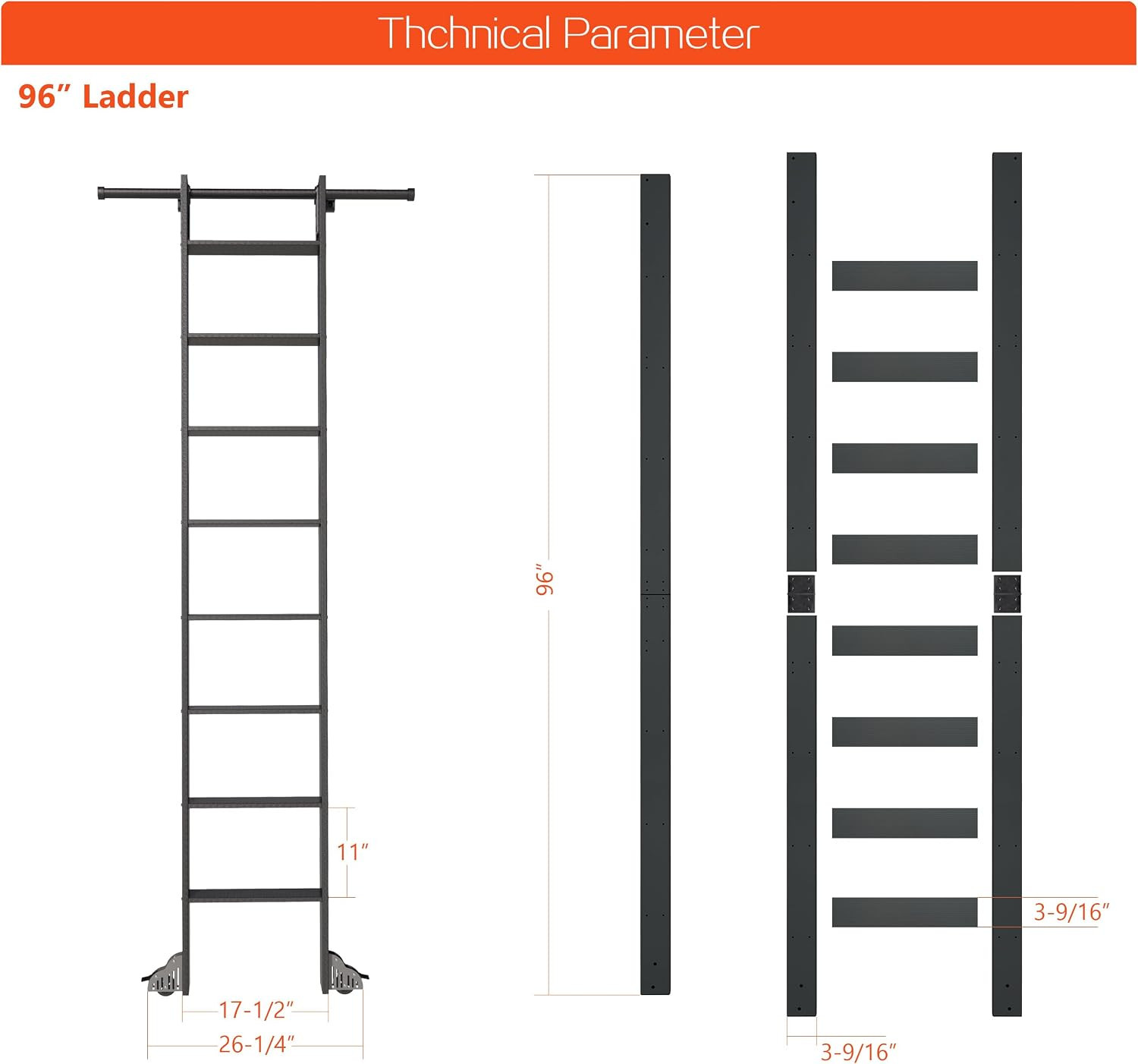 96″ Rolling Library Ladder with 4FT Rail, 300 Lbs Capacity, Space-Saving Design