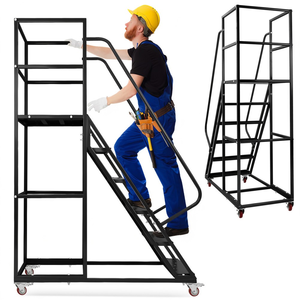 6 Step Rolling Ladder with Wheels 1200LBS Industrial & Warehouse Rolling Stairs