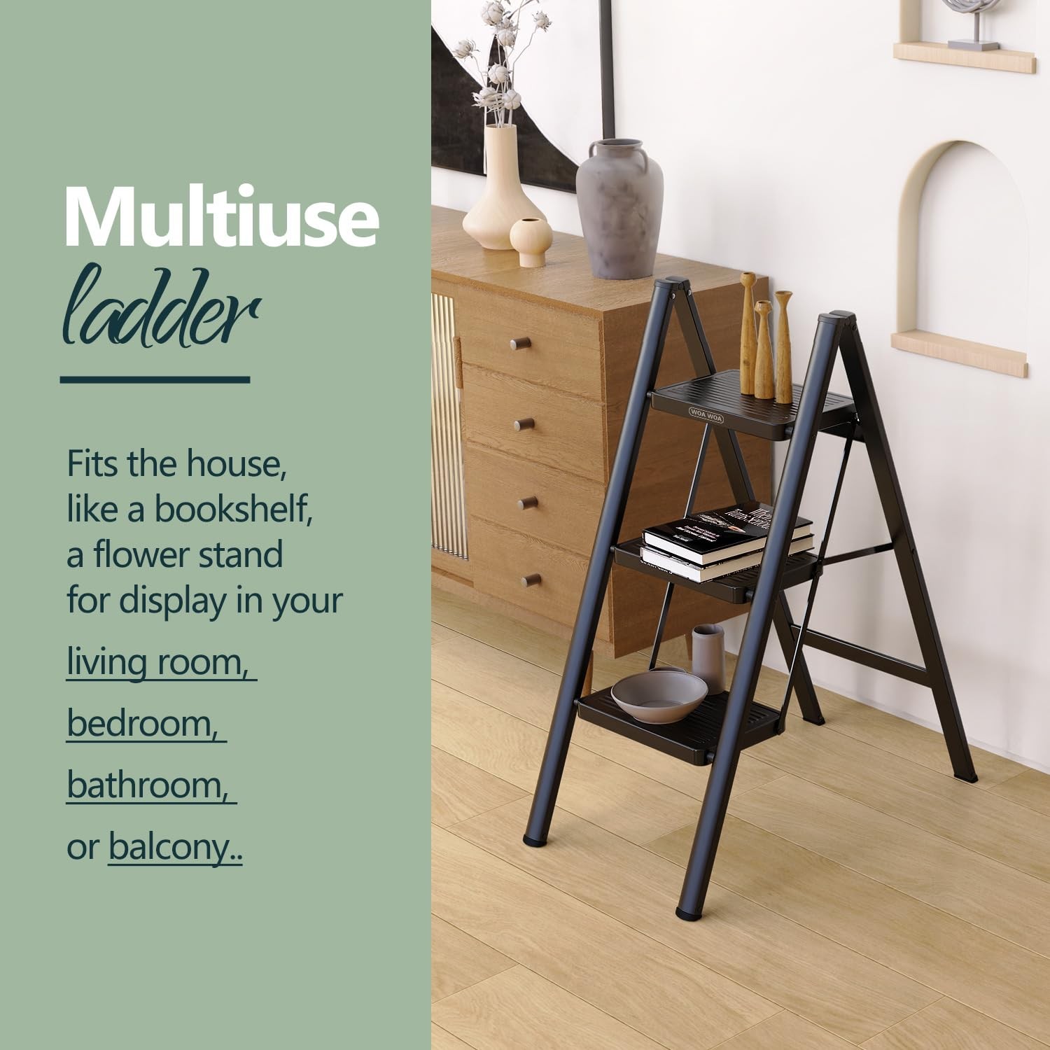 WOA Step Ladder for Home, Foldable Stool Kitchen 3 Step, Black