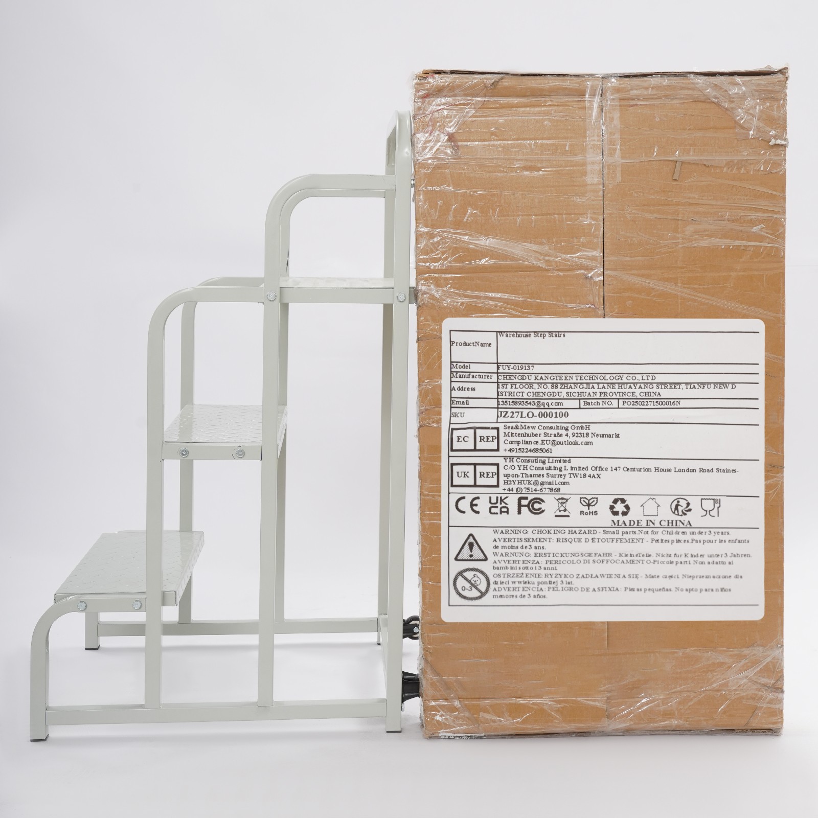Heavy Duty 3-Step Rolling Ladder White Steel w/Wheels 350kg Capacity 15mm Boards
