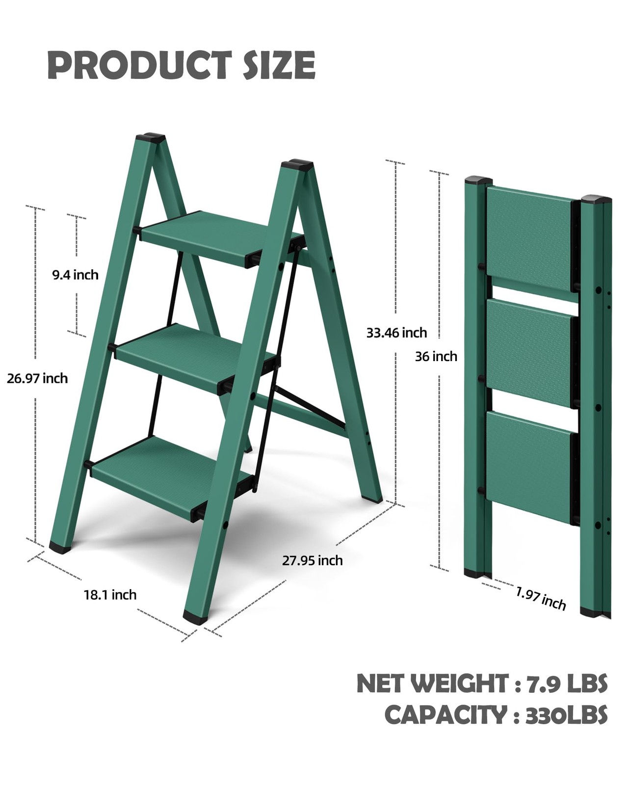Taranta 3 Step Ladder,Aluminum Lightweight Folding 3 Stool 3 Step, Green