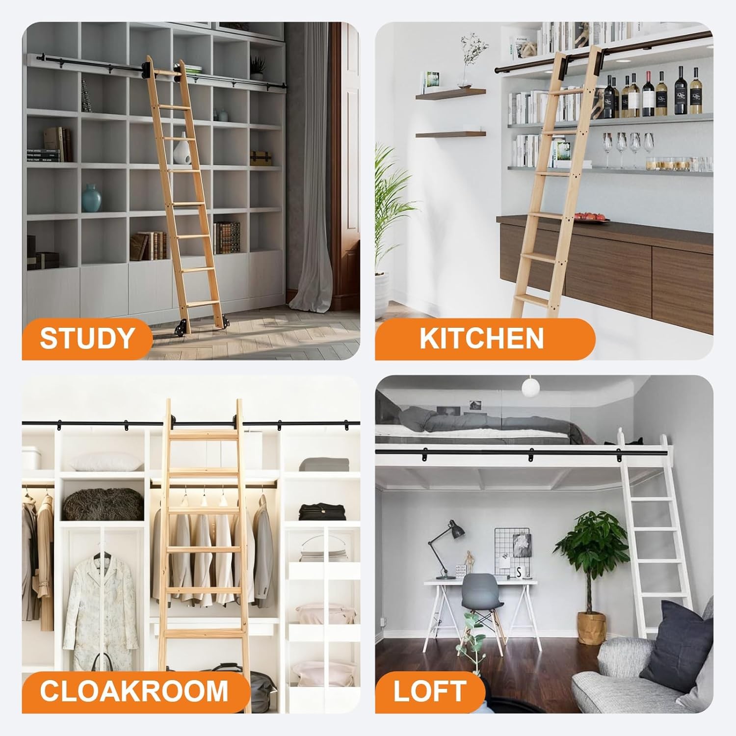 9.9FT Retractable Rolling Library Ladder Hardware Kit Silent Rolling Ladder