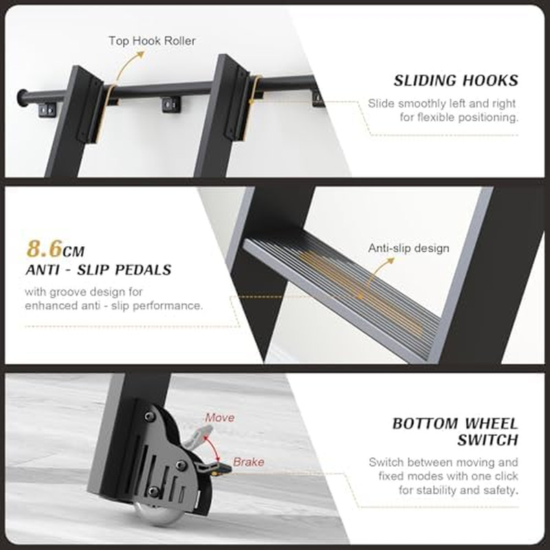 Aluminium Rolling Library Step Ladder with 8FT Sliding Track Kit – Metal Black
