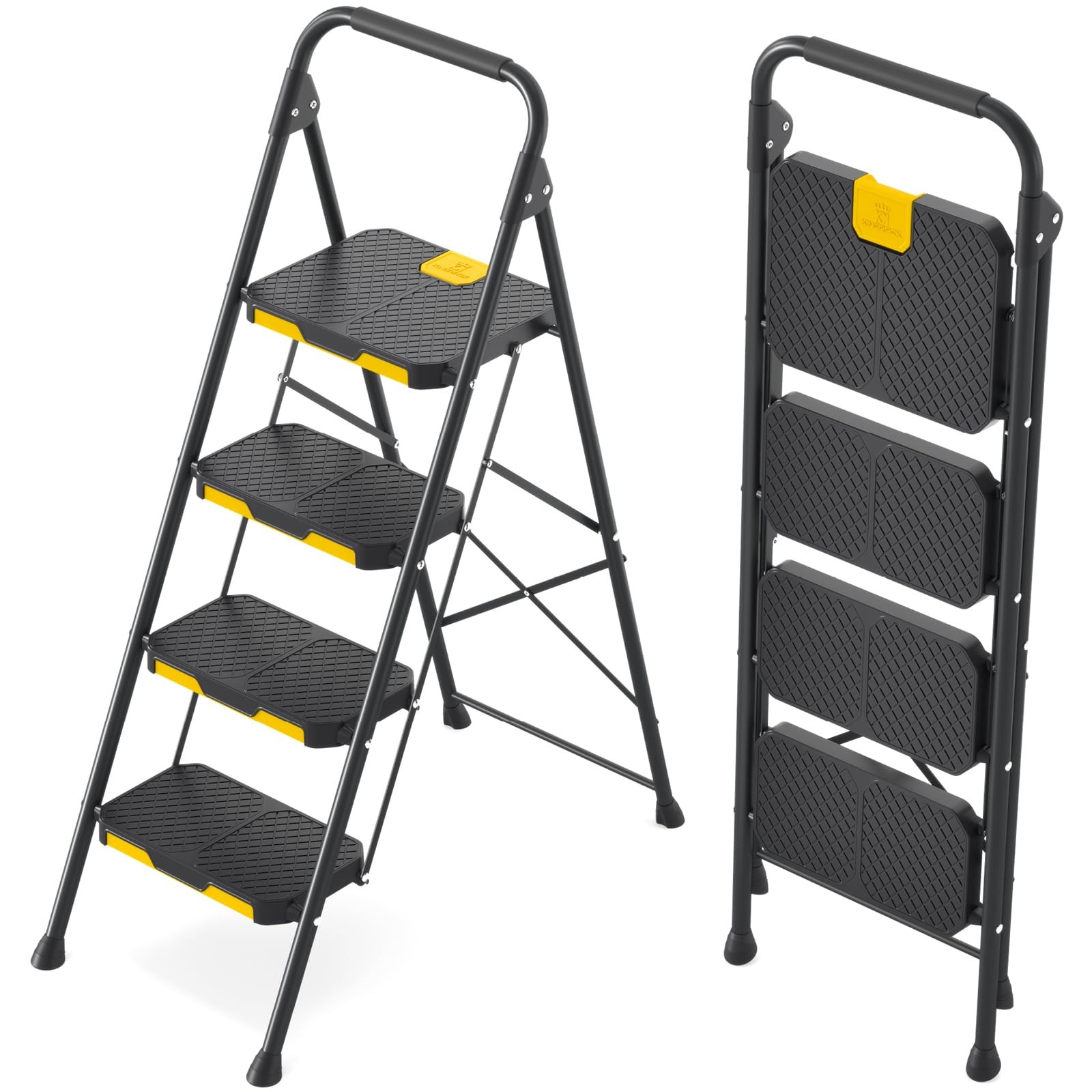KINGRACK 4 Step Ladder, Sturdy Steel Stool 4 Black&yellow