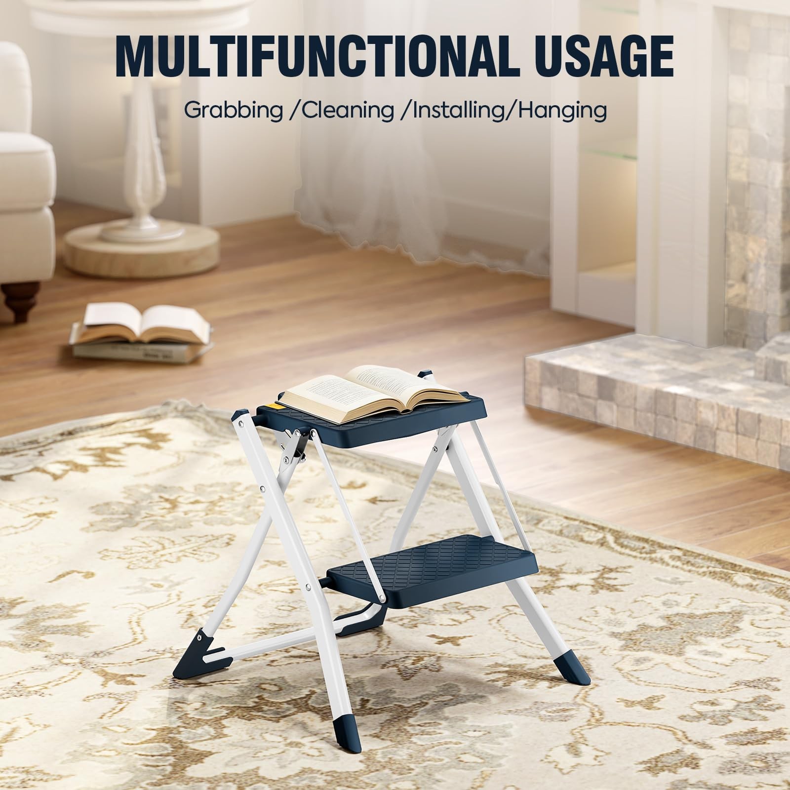 URACKIFY 2 Step Stool Foldable, Ladder with Non-Slip Rubber 2-STEP, Blue