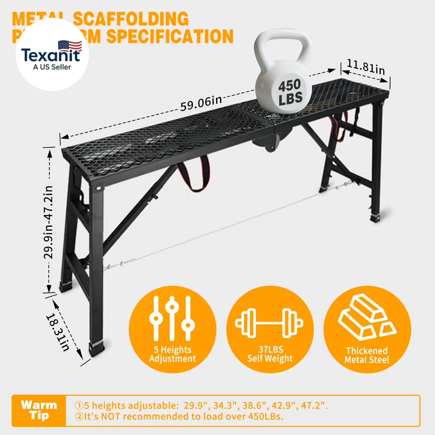 Scaffolding Work Platform, 29.9″ to 47.2″ Height Adjustable Work Platform, Folda