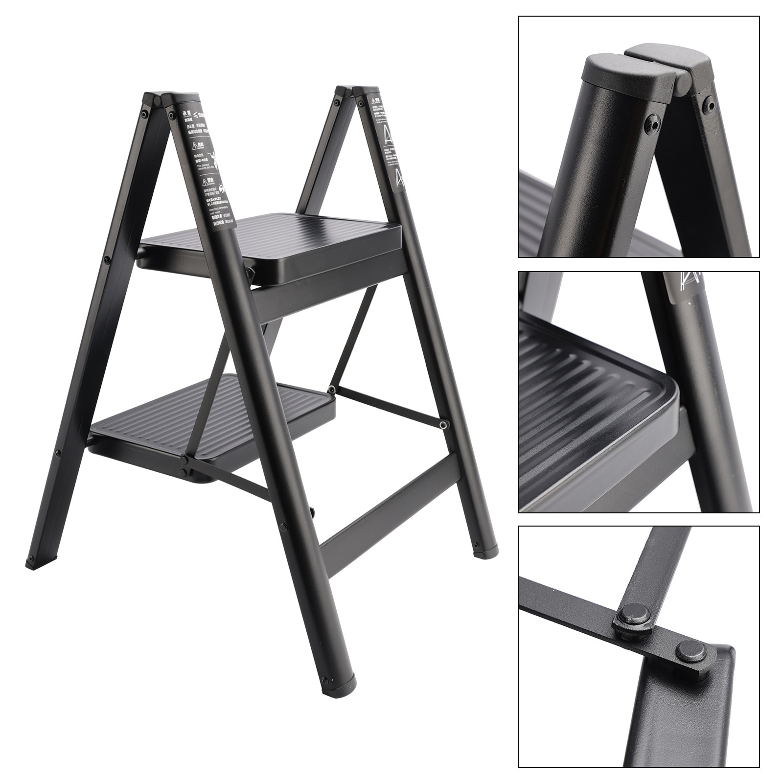 Stepladder, 2 Tiers, Foldable, Aluminum, Wide, Lightweight, Compact, Ladder,