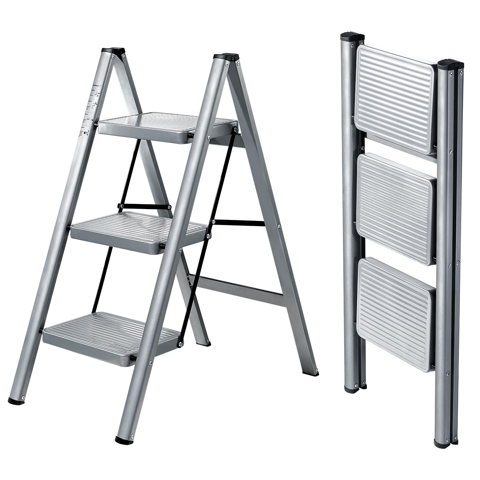 XinSunho 3 Step Ladder, Steel Folding Stool with 330lbs 3 step, Gray