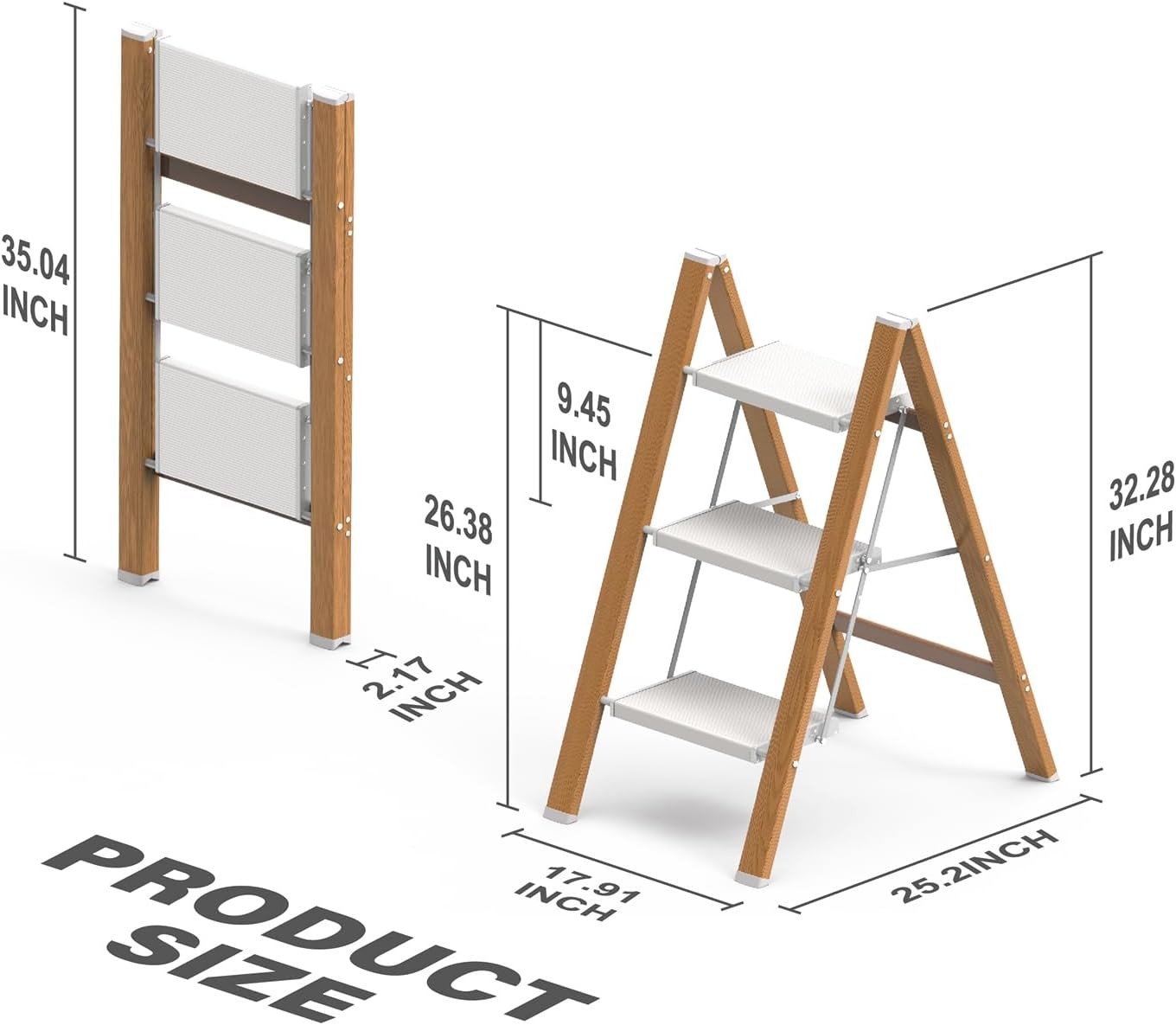 3 Step Ladder, Folding Aluminum Stool with Anti-Slip Woodgrain, White