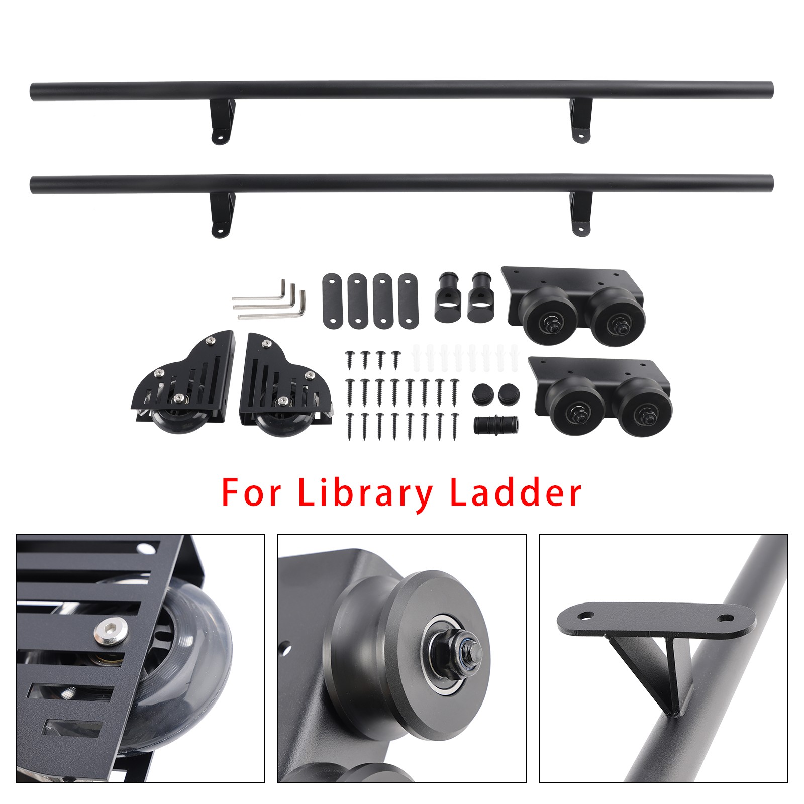 6.6FT Round Tube Rolling Library Sliding Ladder Hardware Kit with Brake