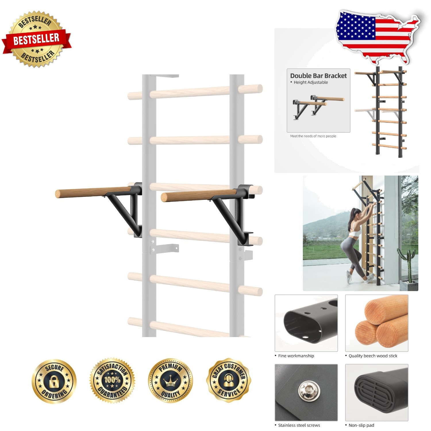DHT Wood Stall Bar Wall Mount Suspension Trainer – Adjustable Alloy Steel
