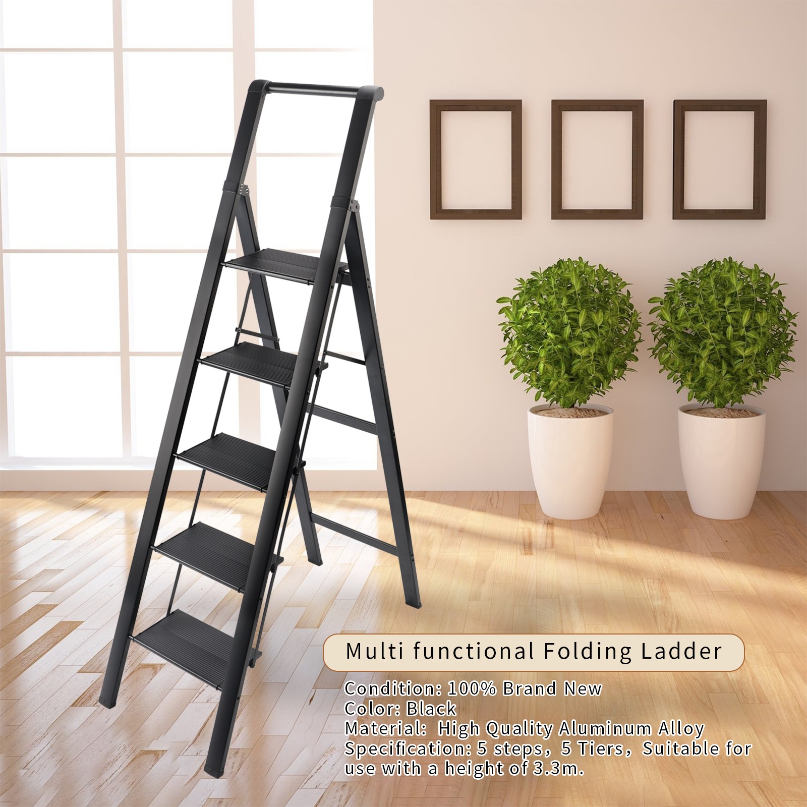 5Step Ladder, Foldable Step Stool, Aluminum Step Ladder with Anti-Slip Pedal