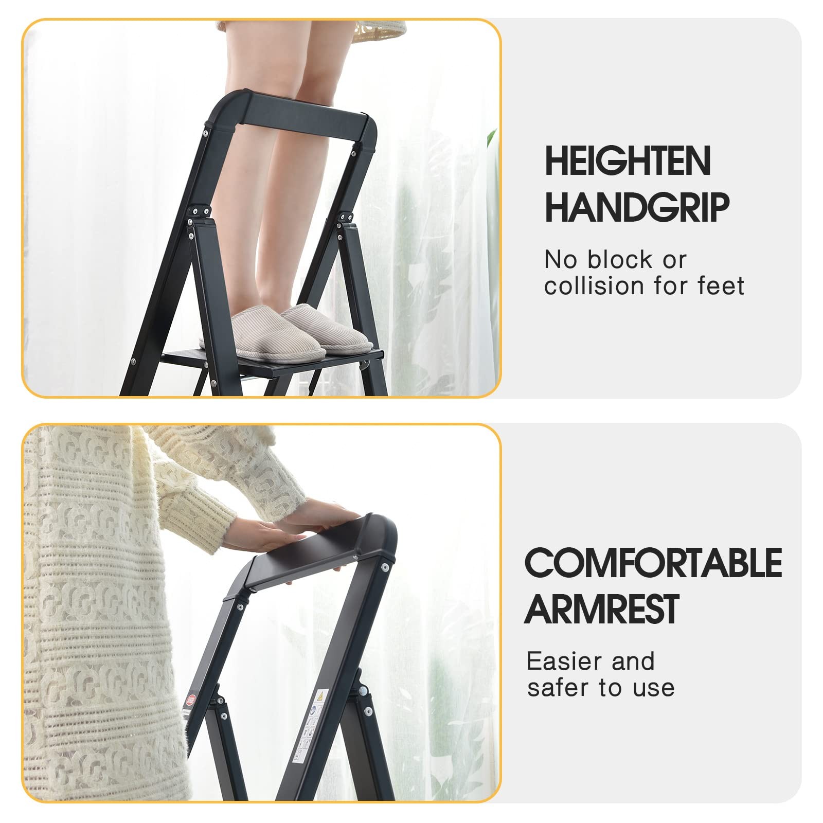 KINGRACK Step Ladder, 2 Steps, Folding 2-step with Handrail, Black