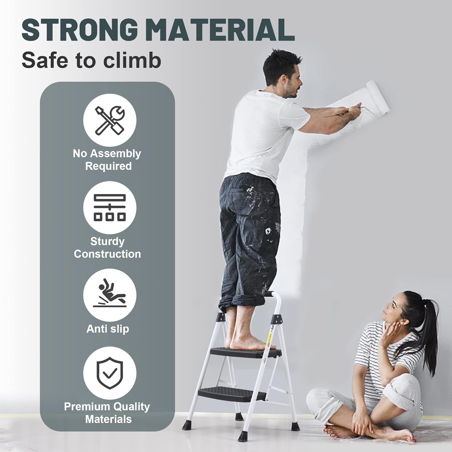 SocTone 2 Step Ladder, Folding Stool for Adults with 2-Step, White