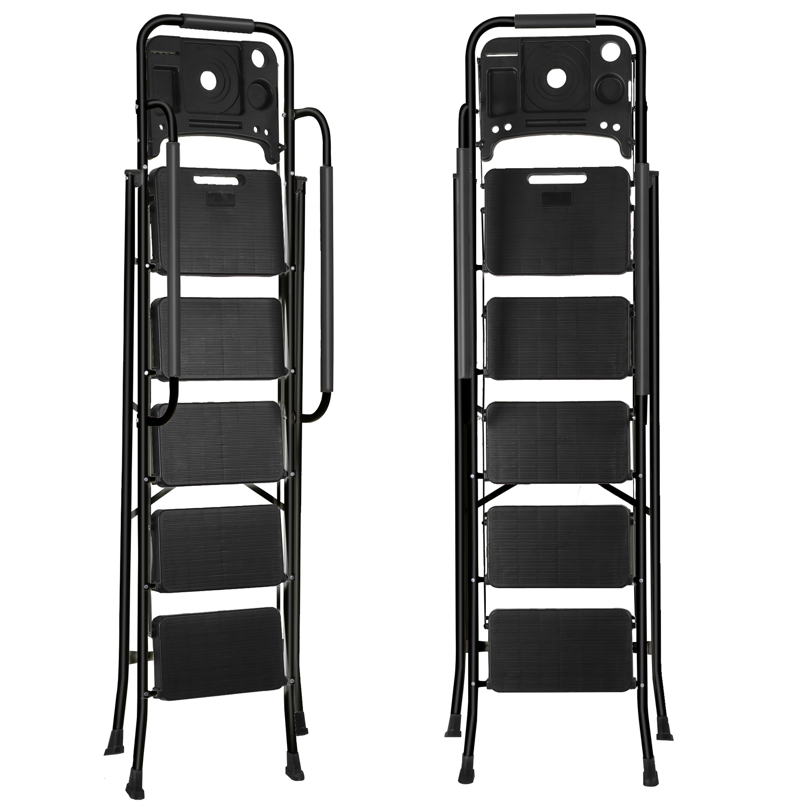 5-Step Ladder Portable Folding Anti-Slip Steel Ladder w/Handrail Tool Tray Black